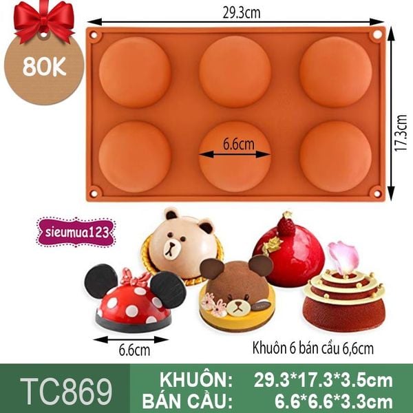 Khuôn silicon nướng bánh 6 bán cầu 6,6cm ( TC869 )