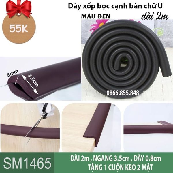 Dây xốp bọc cạnh bàn chữ U màu đen dài 2m ( SM1465 ) có kèm keo dán