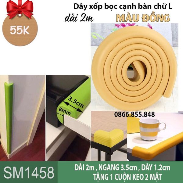 Dây xốp bọc cạnh bàn chữ L màu đồng dài 2m (SM1458 ) bản dày kèm keo dán