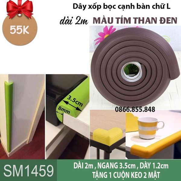 Dây xốp bọc cạnh bàn chữ L màu tím than đen dài 2m (SM1459 ) bản dày kèm keo dán
