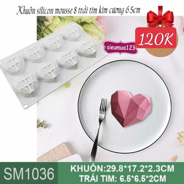 Khuôn silicon mousse 8 trái tim kim cương 6.5cm ( SM1036 )