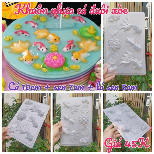 Khuôn nhựa mỏng PP làm rau câu con cá đuôi xòe 10cm bên hoa sen ( SM1416 )
