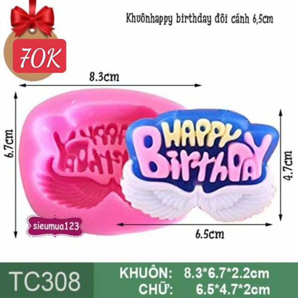 Khuôn silicon chữ happy birthday 6,5cm ( TC308 ) đôi cánh thiên thần