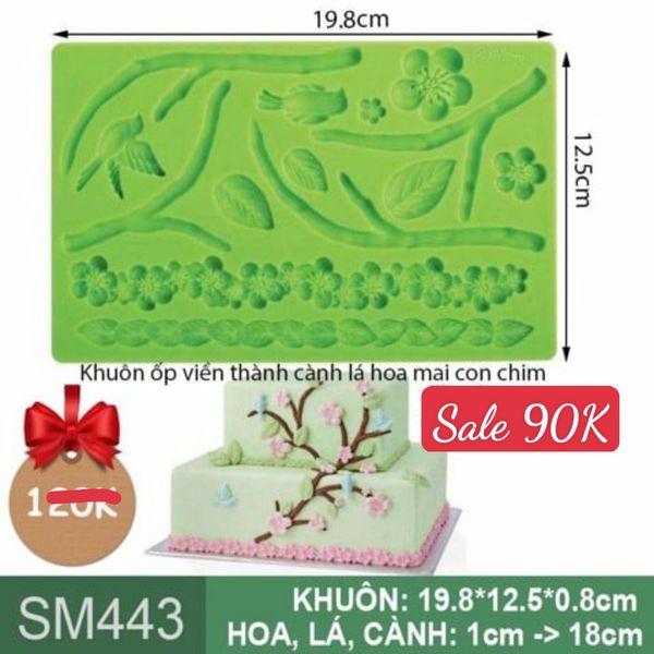 Khuôn silicon ốp viền cành lá hoa mai con chim ( SM443 )