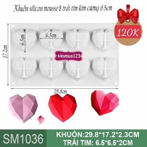 Khuôn silicon mousse 8 trái tim kim cương 6.5cm ( SM1036 )