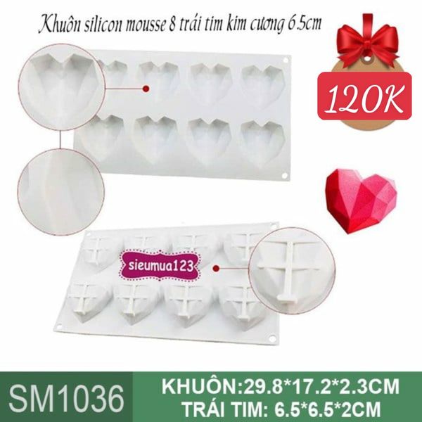 Khuôn silicon mousse 8 trái tim kim cương 6.5cm ( SM1036 )