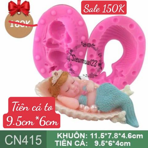 Khuôn silicon em bé baby tiên cá cô gái ngủ trên vỏ sò to ( CN415 )