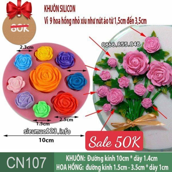 Khuôn silicon 9 hoa hồng nhỏ xíu như nút áo từ 1,7 đến 3,5cm làm fondant ( CN107 )