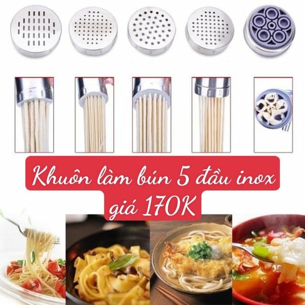 Bộ dụng cụ làm bún mì bánh canh nui bằng inox có 5 đầu ( SM1368 ) để tự làm thủ công tại nhà