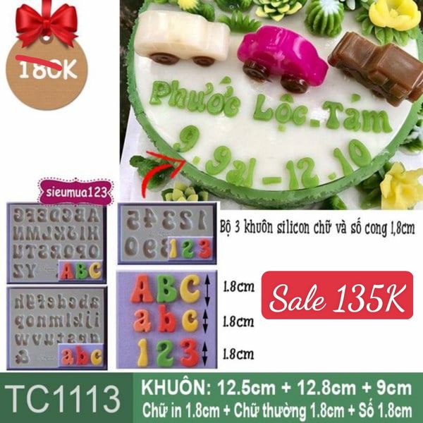 Bộ 3 khuôn silicon chữ và số cong 1,8cm ( TC1113 )