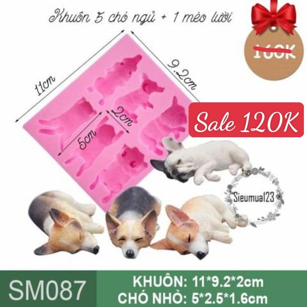 Khuôn silicon 5 con chó ngủ và 1 mèo lười nhỏ 5cm ( SM087 )