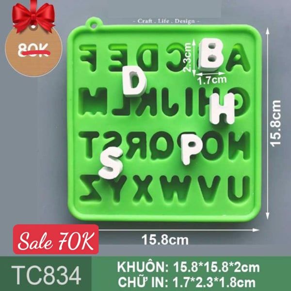 Khuôn silicon Bảng chữ cái Alphabet dạng viên dày có 26 chữ size 2,3cm ( TC834 )