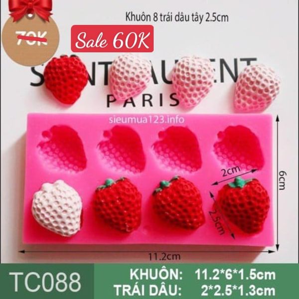 Khuôn silicon fondant 8 Trái Dâu Tây nhỏ xíu 2,5cm ( TC088 )