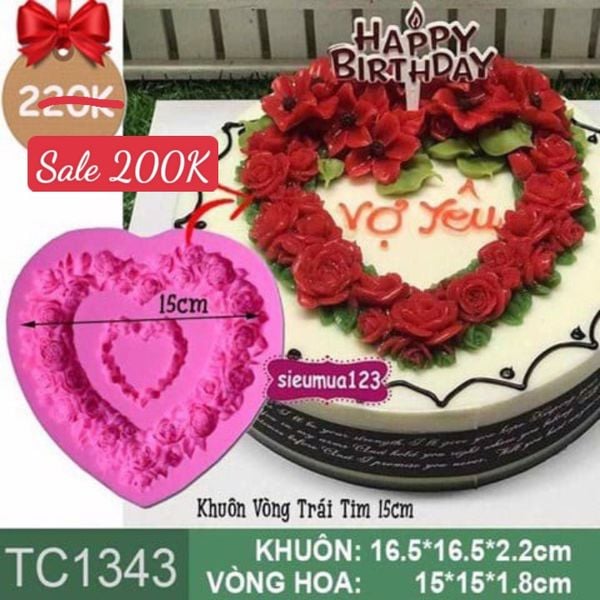 Khuôn rau câu Vòng Trái Tim Hoa Hồng Đôi 15cm ( TC1343 ) còn 1