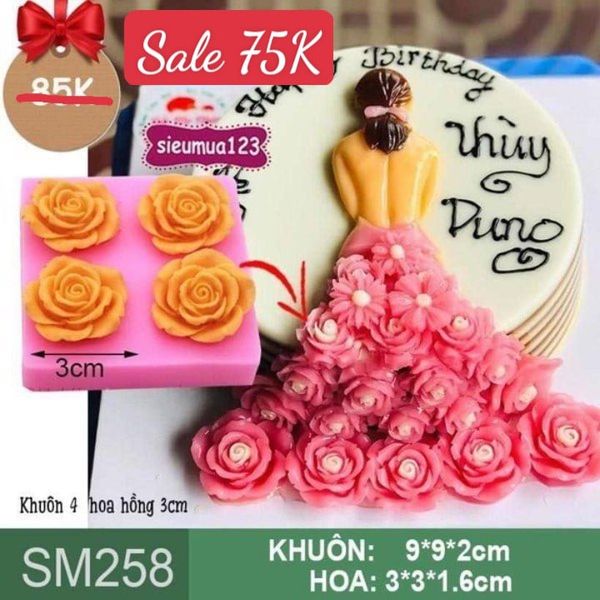 Khuôn silicon 4 hoa hồng nhỏ 3cm ( SM258 )