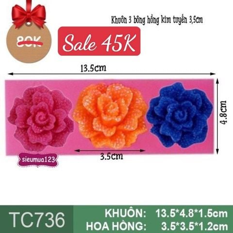 Khuôn rau câu silicon 3 bông hồng kim tuyến 3,5cm ( TC736 )