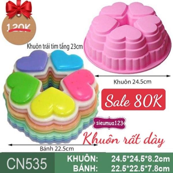 Khuôn nướng bánh silicon tròn to 5 trái tim xếp tầng 23cm ( CN535 )