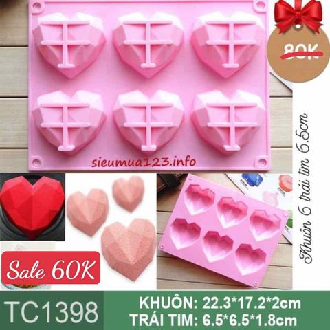 Khuôn silicon 6 trái tim kim cương 6,5cm ( TC1398 )