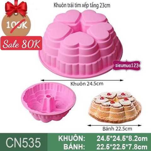 Khuôn nướng bánh silicon tròn to 5 trái tim xếp tầng 23cm ( CN535 )
