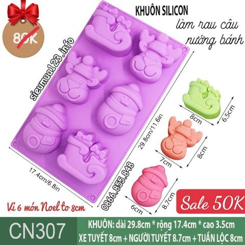 Khuôn slicon 6 xe tuyết , người tuyết , tuần lộc Noel to 8cm ( CN307 )