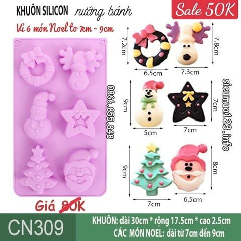 Khuôn silicon 6 tuần lộc , vòng nguyệt quế , người tuyết , ngôi sao , cây thông , ông già Santa Noel to 8cm - 9cm ( CN309 )