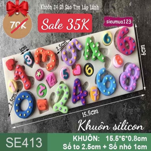 Khuôn Silicon 24 Số Sao Tim Lấp Lánh 2,5cm ( SE413 )