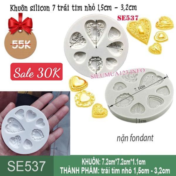 Khuôn Silicon Làm Fondant 7 trái tim nhỏ 1,5cm - 3,2cm ( SE537 )