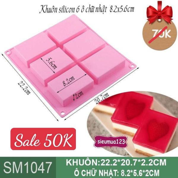Khuôn rau câu silicon 4d : Khuôn 6 ô chữ nhật 8,2x5,6cm ( SM1047 )