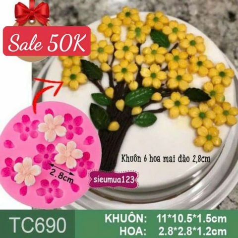 Khuôn silicon vỉ 6 hoa mai hoa đào kèm lá 2,8cm ( TC690 )