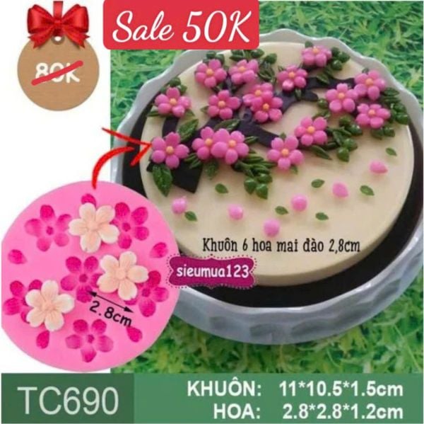 Khuôn silicon vỉ 6 hoa mai hoa đào kèm lá 2,8cm ( TC690 )