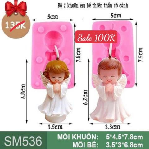 Khuôn silicon 2 em bé baby thiên thần có cánh cao 6,8cm ( SM536 )