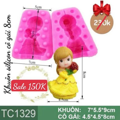 Khuôn silicon cô gái girl cầm cành hồng 3D cao 8cm ( TC1329 )