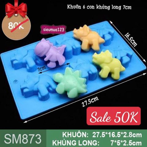Khuôn nướng bánh silicon 6 con khủng long 7cm ( SM873 )