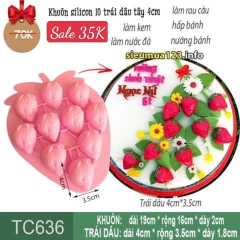 Khuôn silicon 10 trái dâu tây 4cm  ( TC636 )