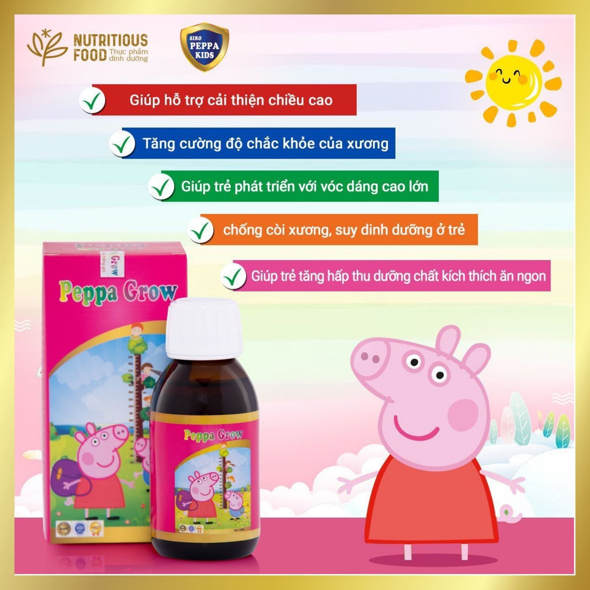  Siro Peppa Grow - Bổ Sung Canxi, Tối Ưu Chiều Cao, Tăng Cường Đề Kháng. 