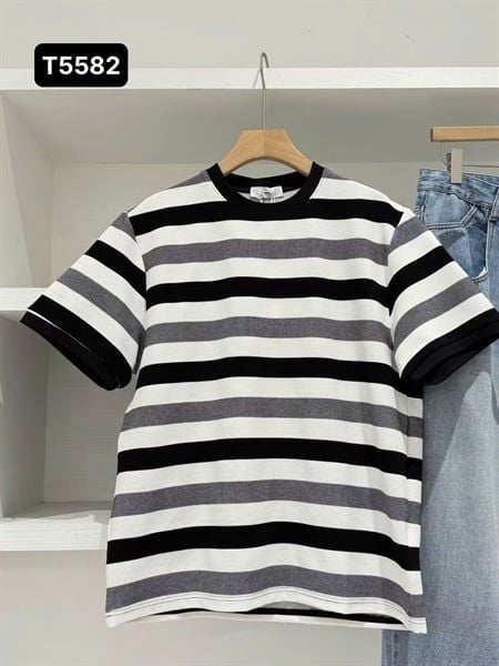  [ẢNH THẬT] Áo Phông Ngắn Tay Nam Nữ Kẻ Ngang 5582 