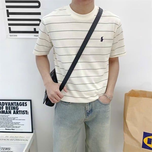  [ẢNH THẬT] Áo Phông Ngắn Tay Nam Kẻ Ngang Logo Ngực 6321 