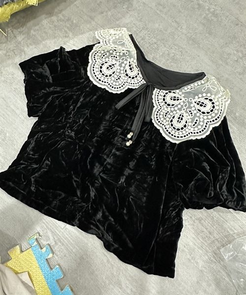  ANTN nhung cổ sen ren hoa trắng dây nơ 