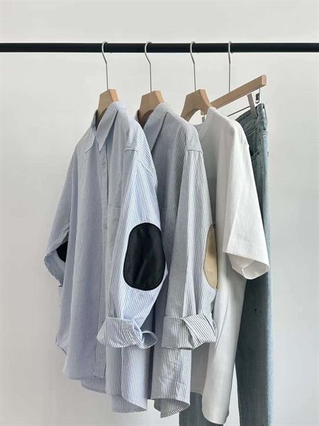  [ẢNH THẬT] Áo Sơ Mi Dài Tay Nam Nữ Kẻ Ghi Phối Miếng Vá 