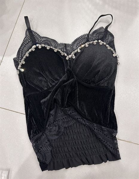  Áo bra nhung phối ren viền đá lưng chun 