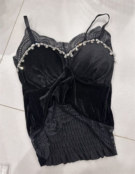  Áo bra nhung phối ren viền đá lưng chun 