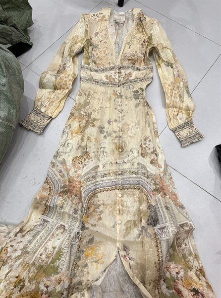  Váy Camilla dài tay viền ren dáng dài ht cam nâu 