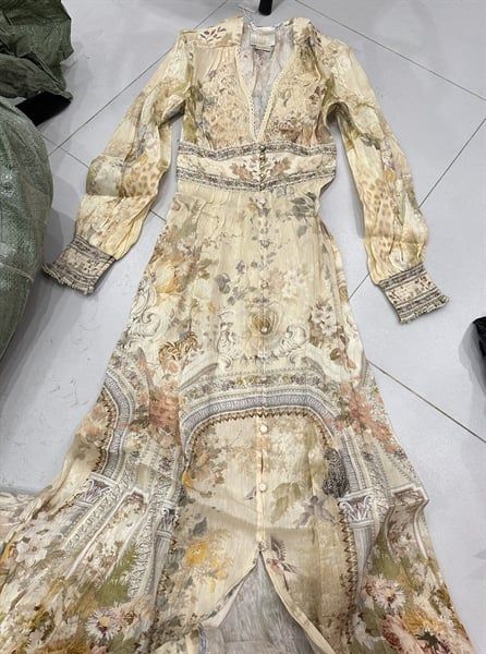  Váy Camilla dài tay viền ren dáng dài ht cam nâu 