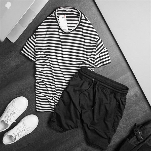  Bộ Nỉ Ngắn Tay Đen Kẻ Trắng 02 