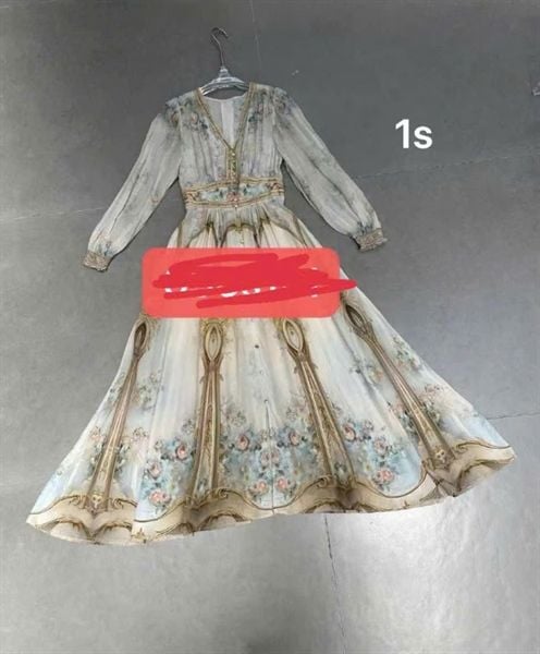  Váy dài tay tơ ht hoa xanh cúc bọc dáng dài 