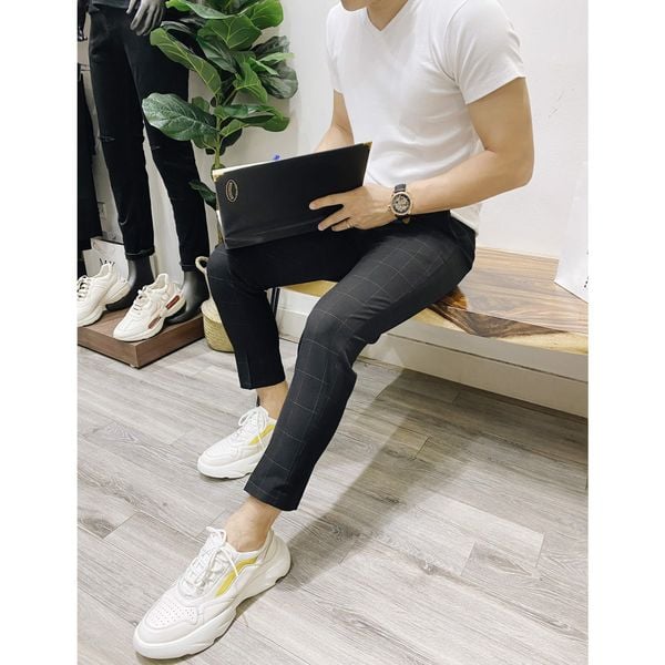  Quần âu cộc đen kẻ 