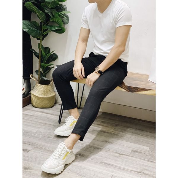  Quần âu cộc đen kẻ 