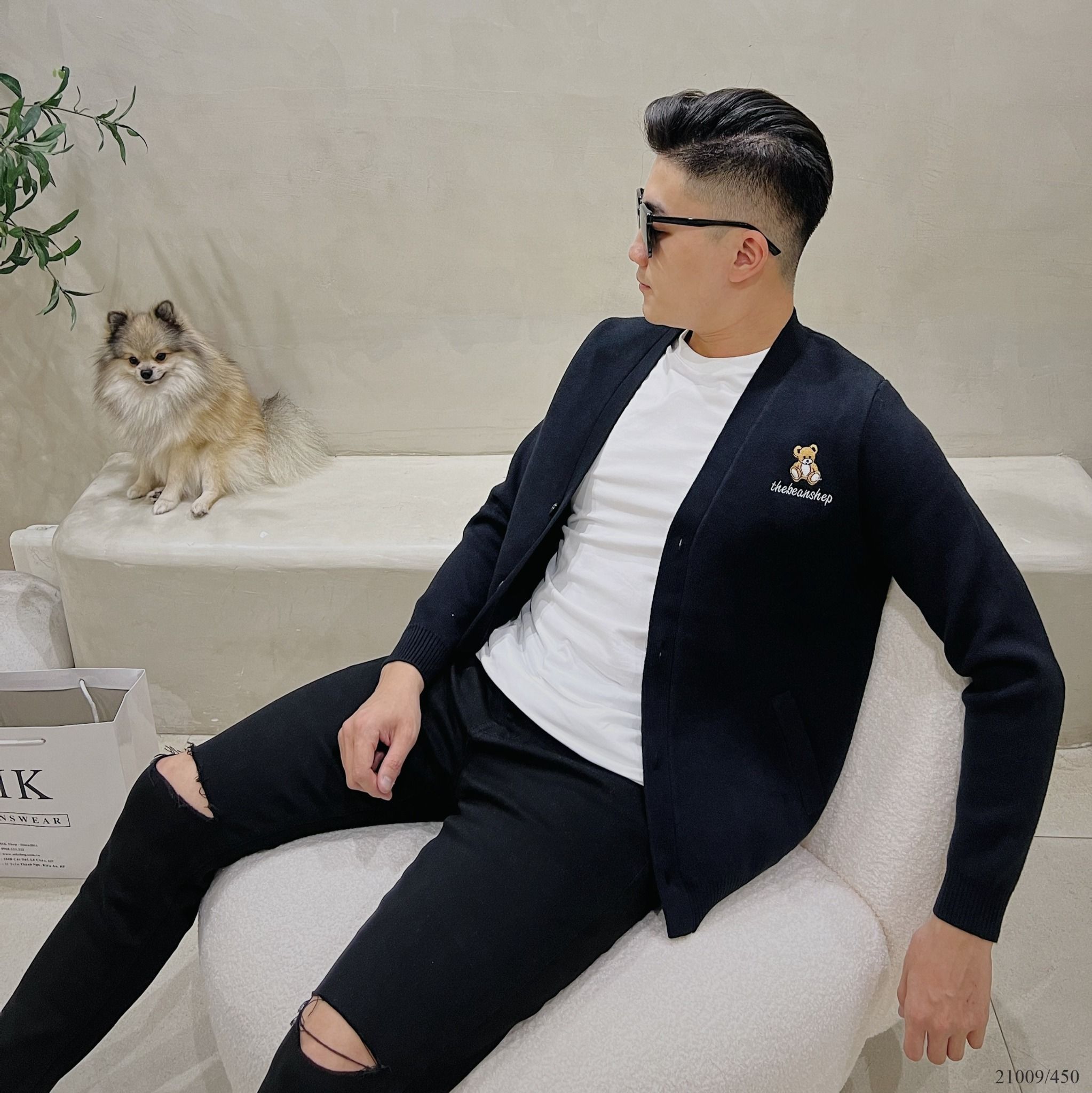  [ẢNH THẬT] Áo Khoác Cardigan Nam Nữ Đen/Be Họa Tiết Gấu Ngực 21009 