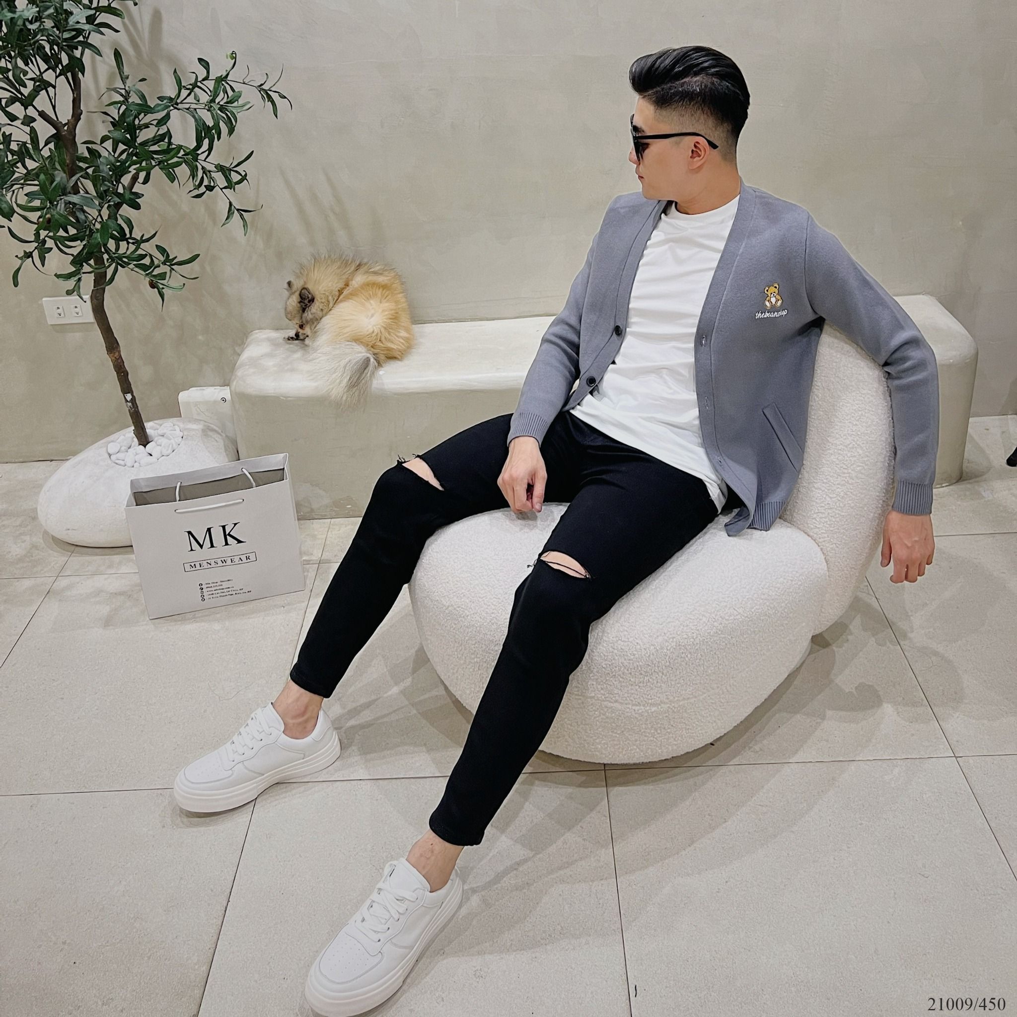  [ẢNH THẬT] Áo Khoác Cardigan Nam Nữ Đen/Be Họa Tiết Gấu Ngực 21009 