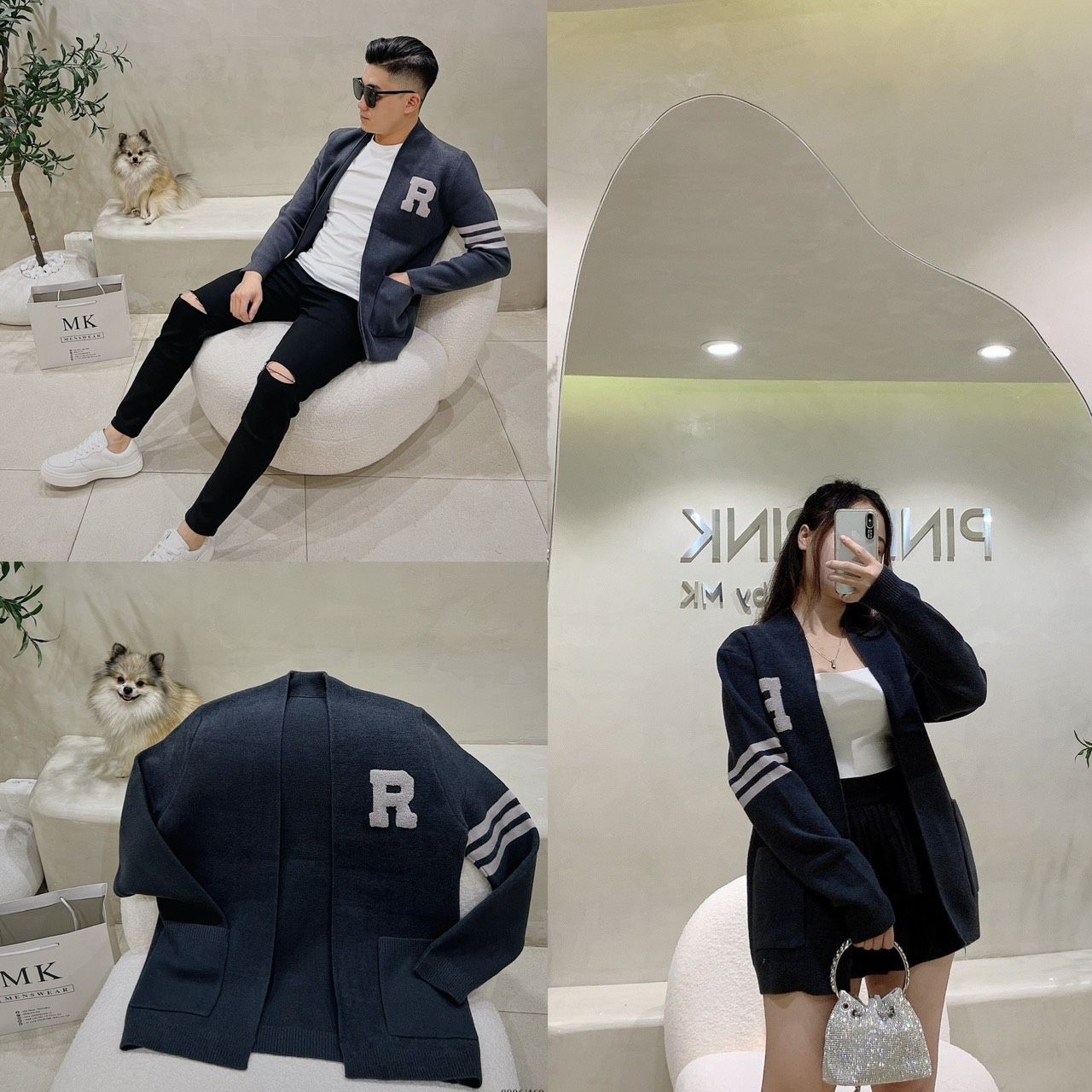  [ẢNH THẬT] Áo Khoác Cardigan Nam Nữ Ghi Đậm Chữ R Ngực 8806 